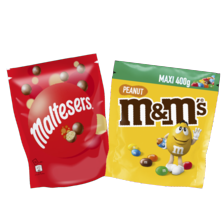 M&M’s maxi zak à 340/400 gram
of Maltesers zak à 273 gram